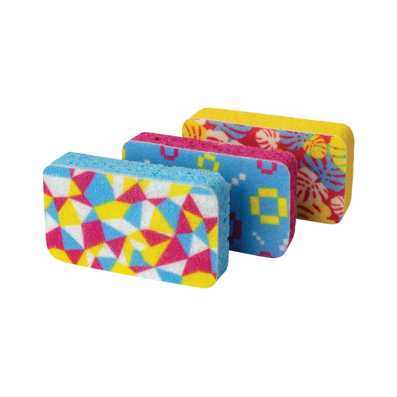 Casabella Cellulose Scrub Sponges, Plum, Lime and Orange Print , 3-Pack - Image 1